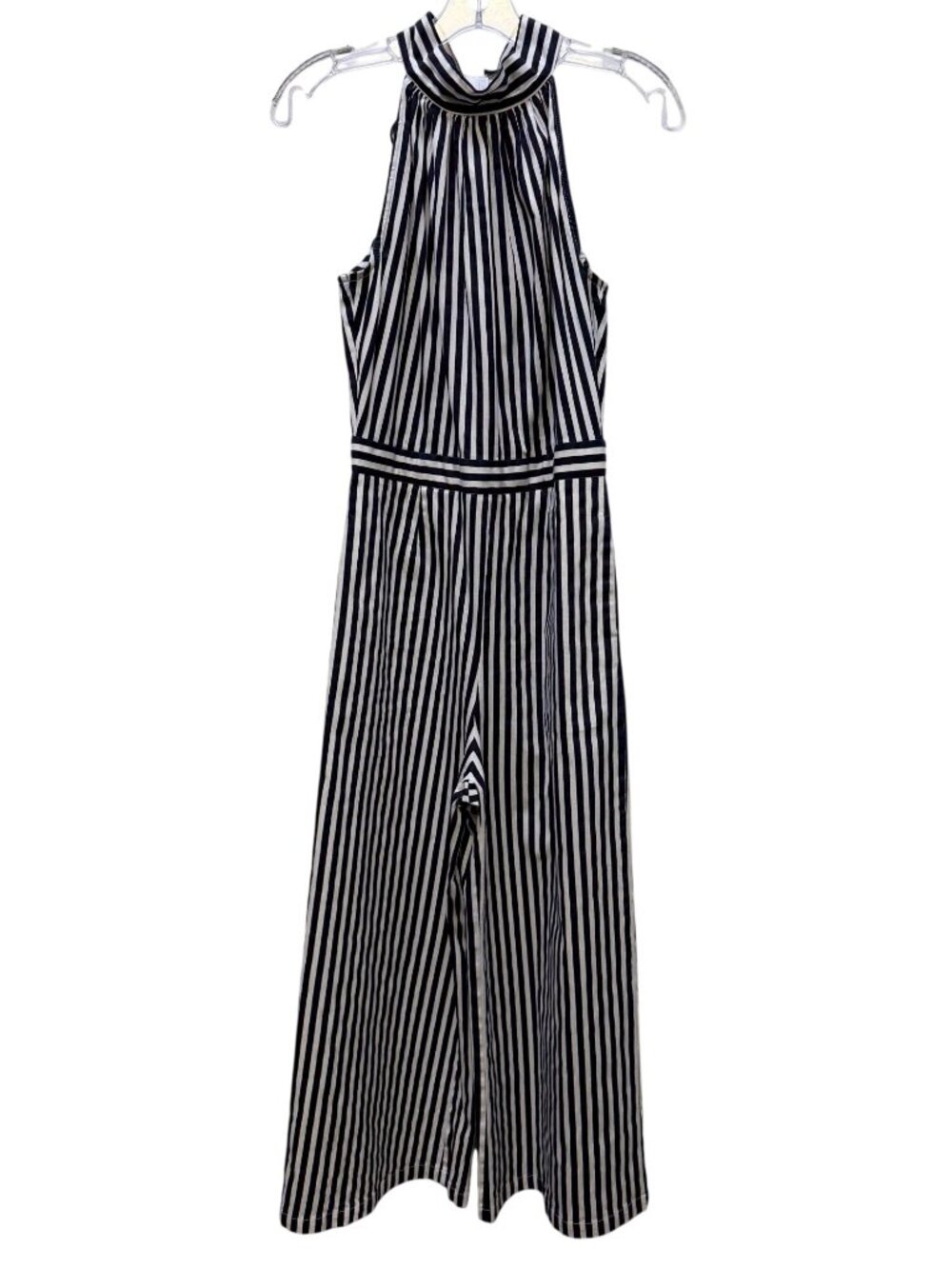Wyatt Wylde Striped Halter Jumpsuit With Bow Tie Back Black & White Wide-Leg S